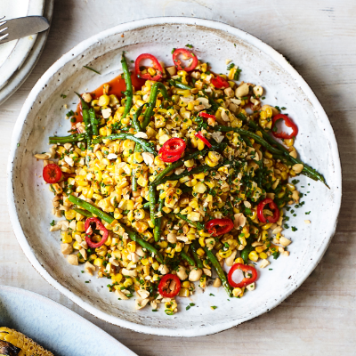 Charred sweetcorn and green beans with peanuts, chives and chilli