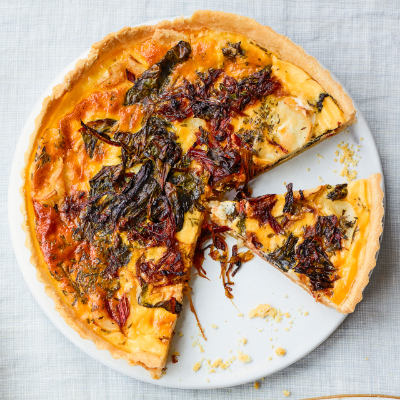 Chard, caramelised onion and goats’ cheese tart