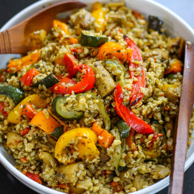 Sabrina Ghayour’s roasted vegetable freekeh with zhoug