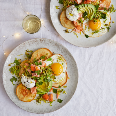 Scotch pancakes with hot-smoked salmon, crispy sprouts, avocado and egg